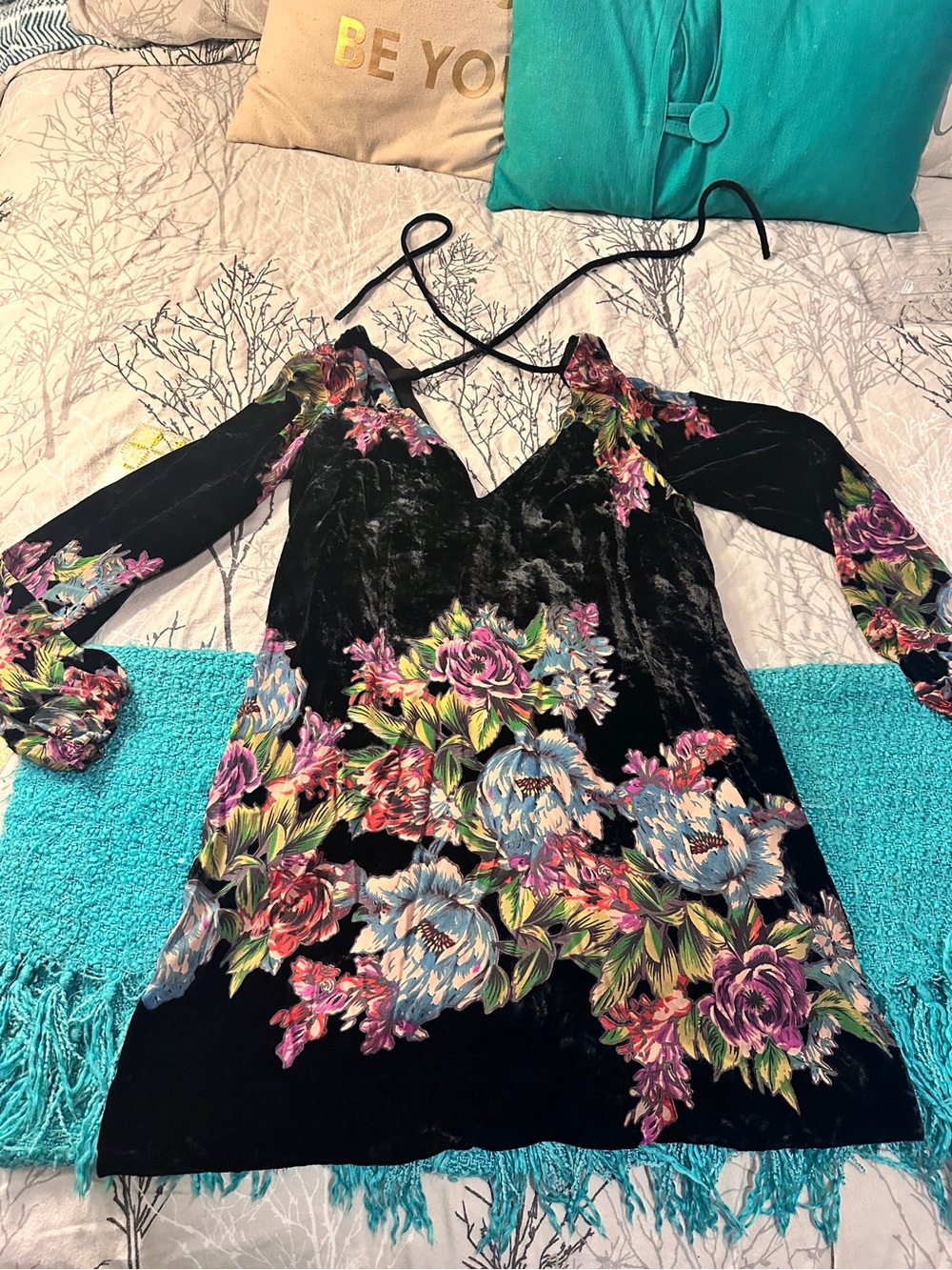 Free people Black Floral Velvet Women's Dress